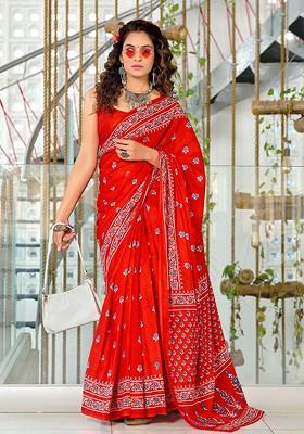 Red Printed Blended Saree Set