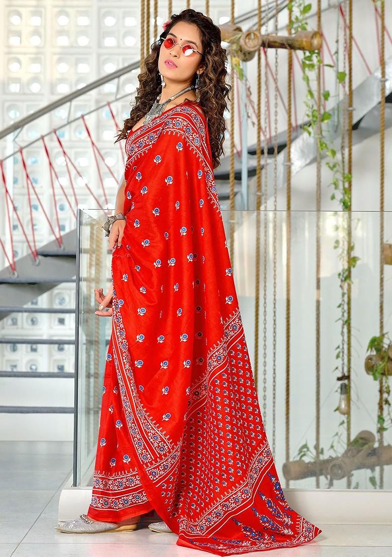Red Printed Blended Saree Set - Indya