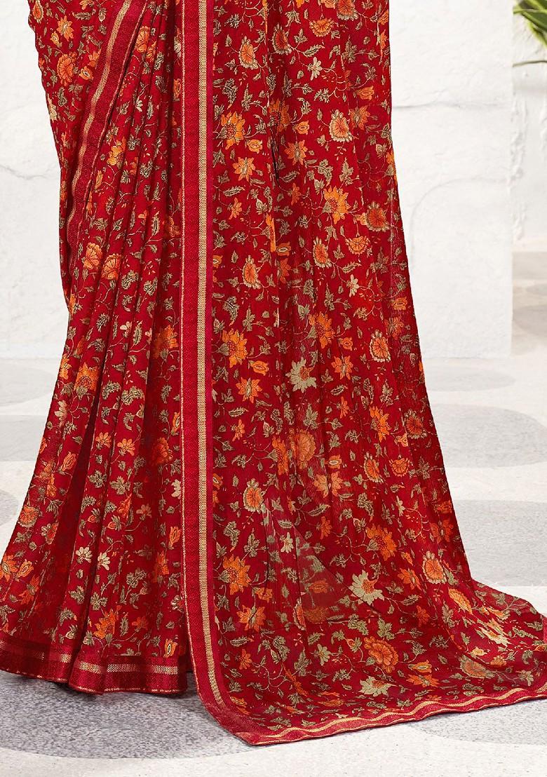 Maroon Floral Print Blended Saree Set
