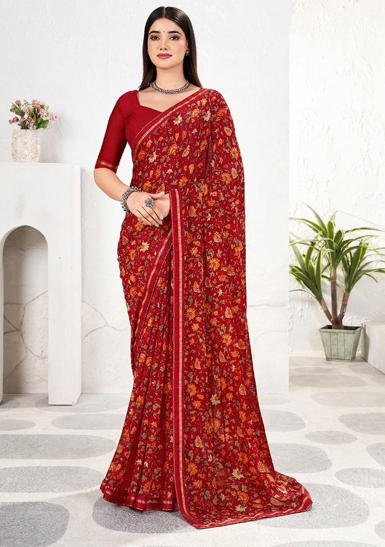 Maroon Floral Print Blended Saree Set