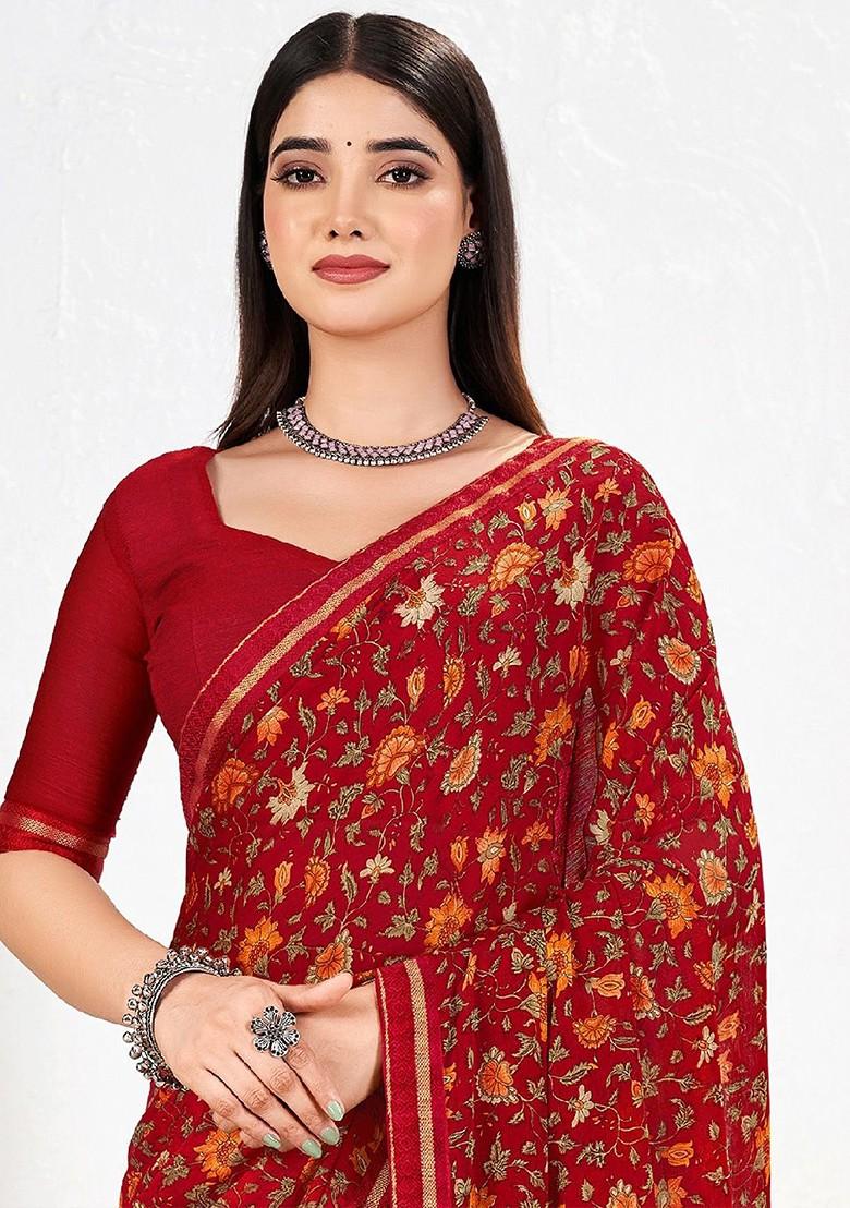 Maroon Floral Print Blended Saree Set