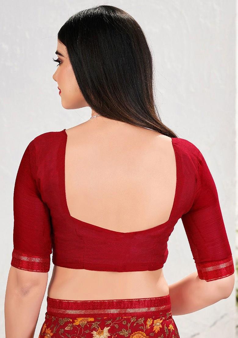 Maroon Floral Print Blended Saree Set