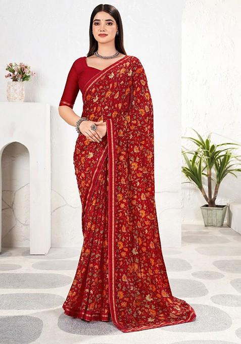 Maroon Floral Print Blended Saree Set