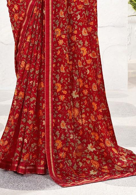 Maroon Floral Print Blended Saree Set