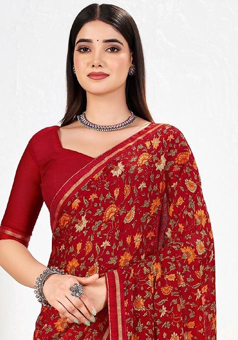 Maroon Floral Print Blended Saree Set