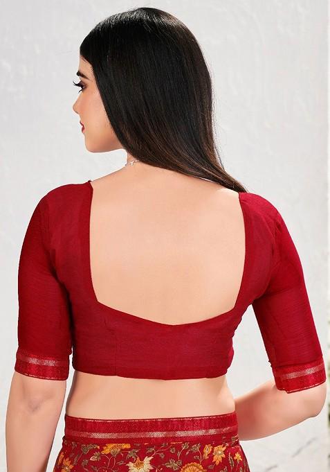 Maroon Floral Print Blended Saree Set