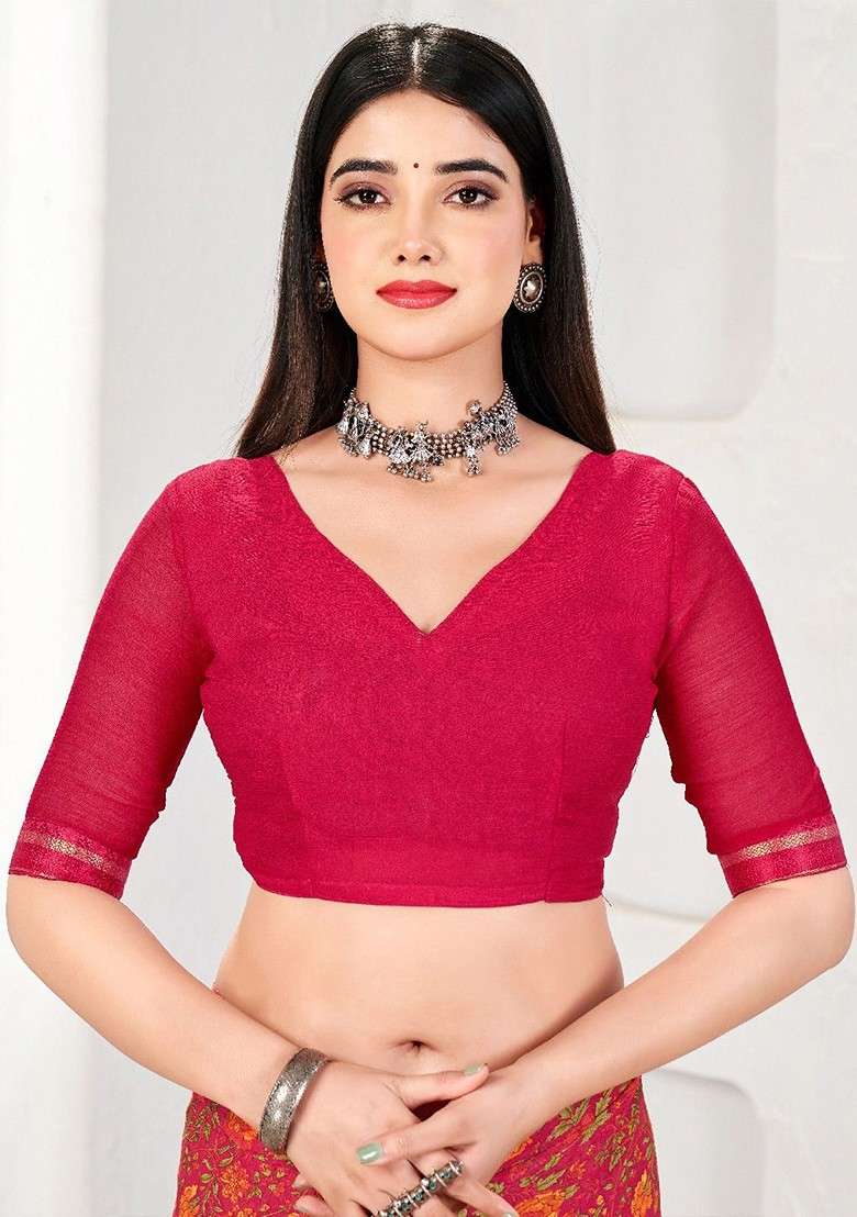 Magenta Floral Print Blended Saree Set - Indya