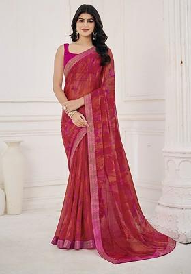 Pink Embroidered Blended Saree Set