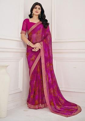 Magenta Embroidered Blended Saree Set