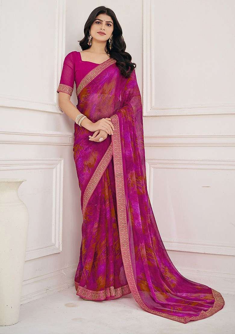 Magenta Embroidered Blended Saree Set - Indya