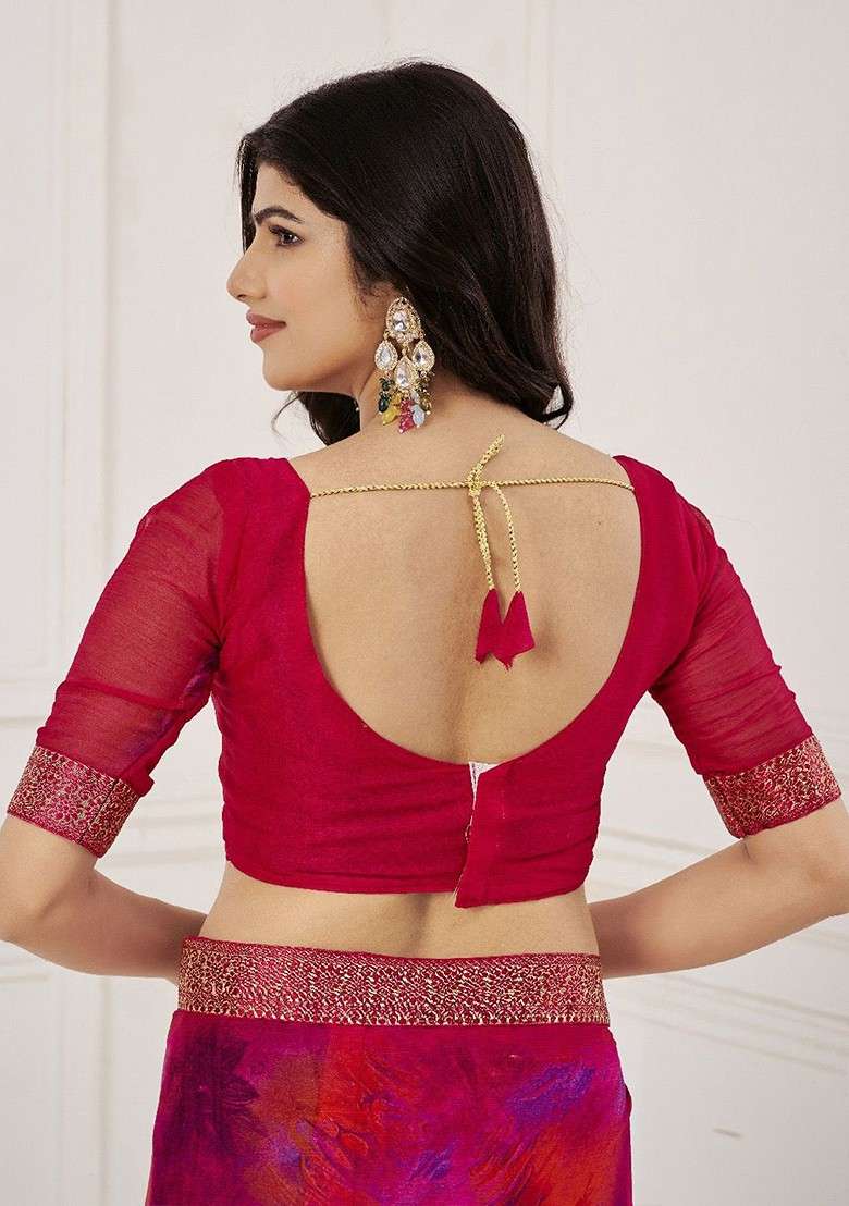 Magenta Embroidered Blended Saree Set - Indya