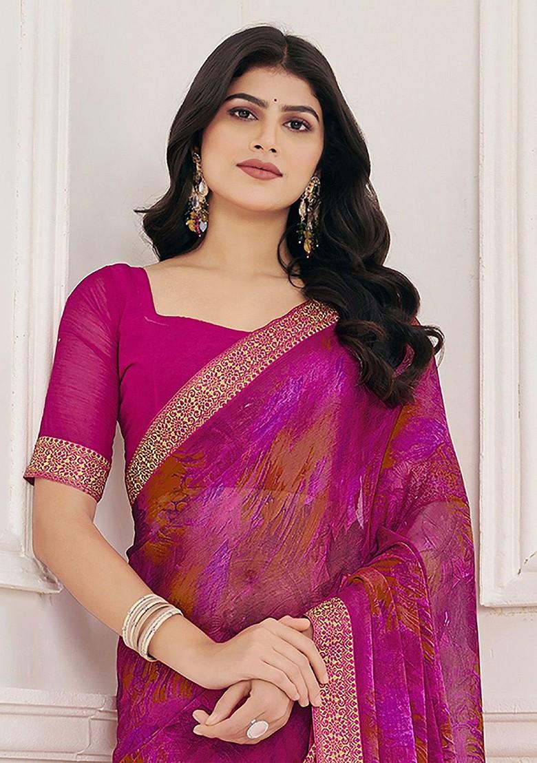 Magenta Embroidered Blended Saree Set - Indya