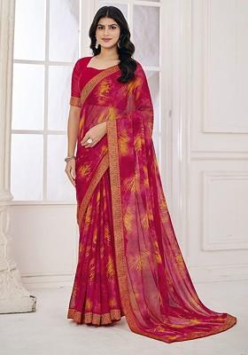 Pink Embroidered Blended Saree Set