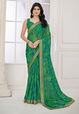Green Embroidered Blended Saree Set