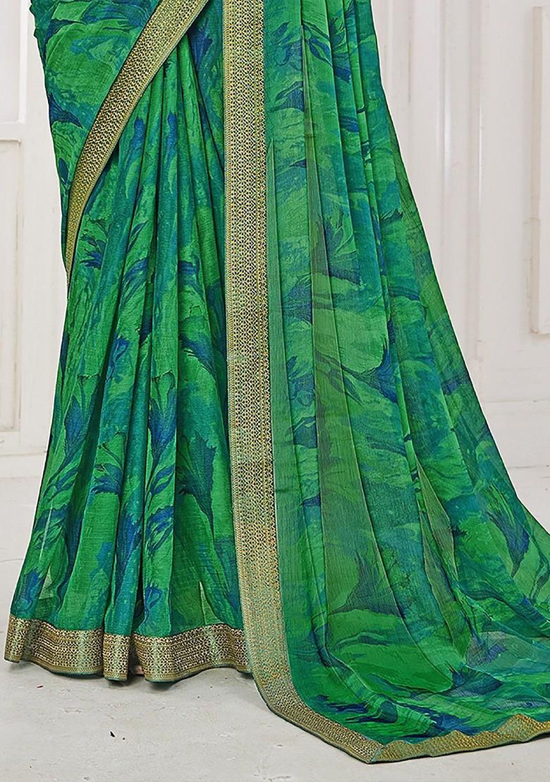 Green Embroidered Blended Saree Set - Indya
