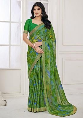Green Embroidered Blended Saree Set