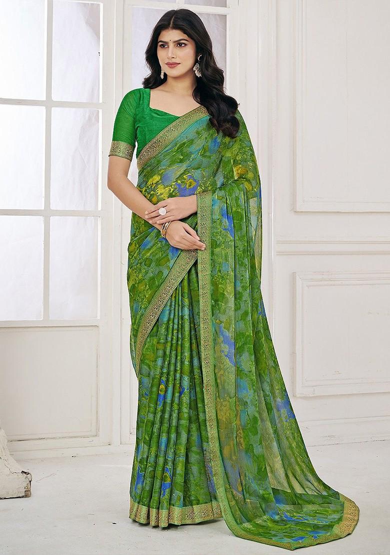 Green Embroidered Blended Saree Set - Indya