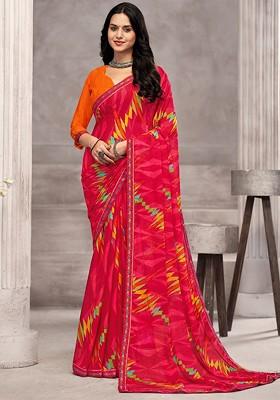 Pink Embroidered Blended Saree Set