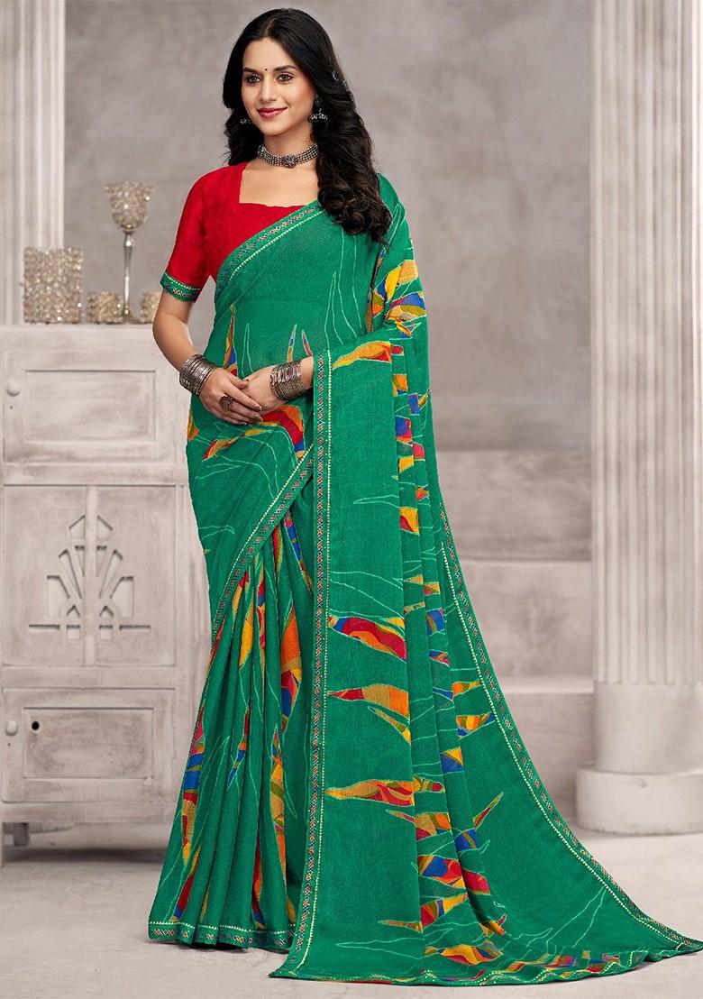 Green Embroidered Blended Saree Set - Indya