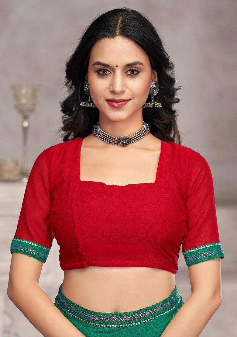 Green Embroidered Blended Saree Set - Indya