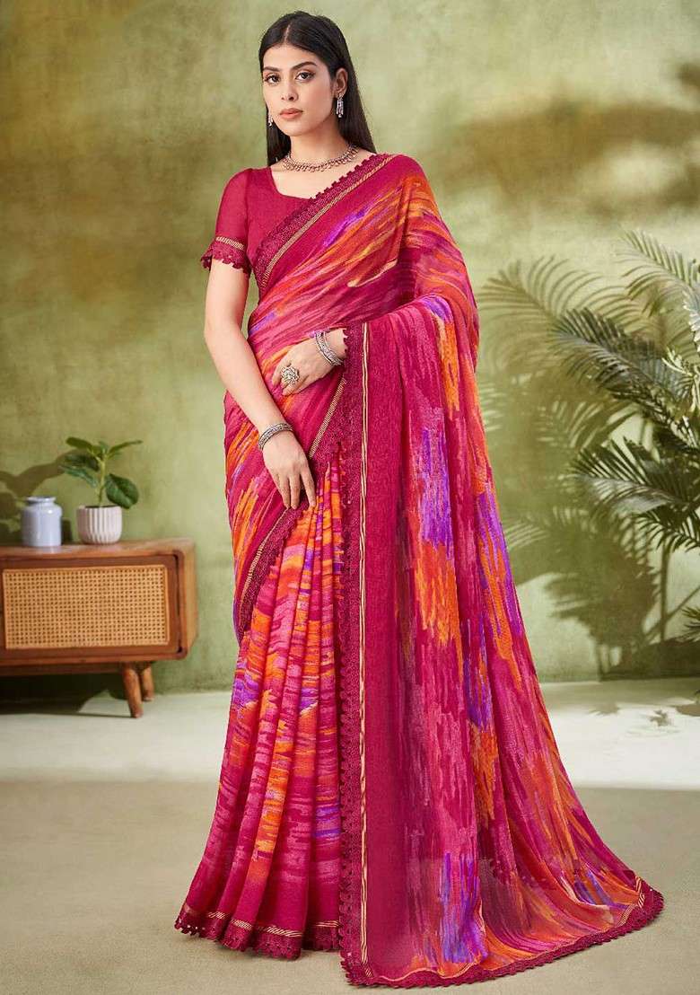 Magenta Embroidered Blended Saree Set - Indya