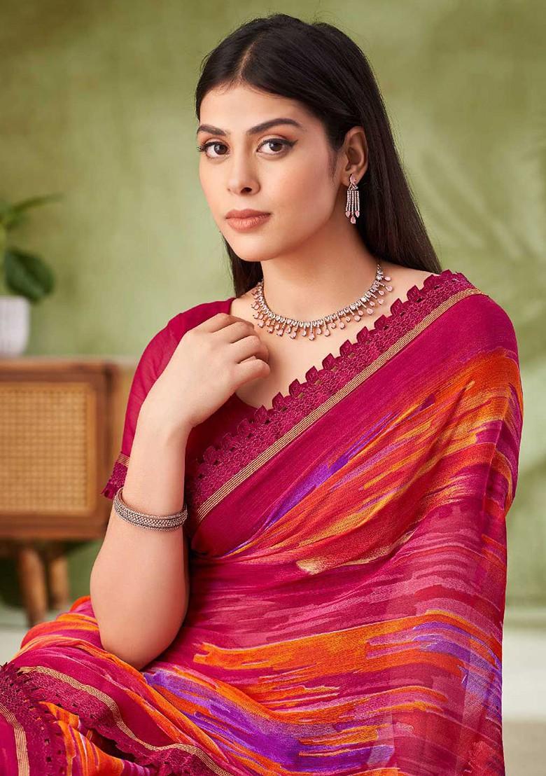 Magenta Embroidered Blended Saree Set - Indya