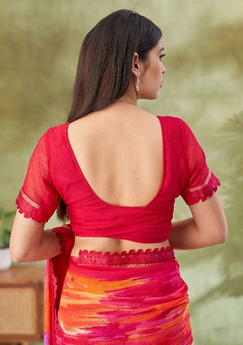 Magenta Embroidered Blended Saree Set - Indya
