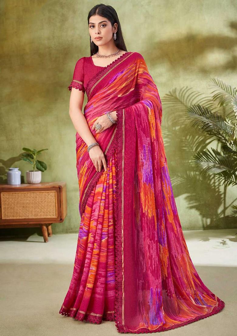 Magenta Embroidered Blended Saree Set - Indya