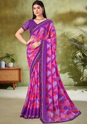 Purple Embroidered Blended Saree Set