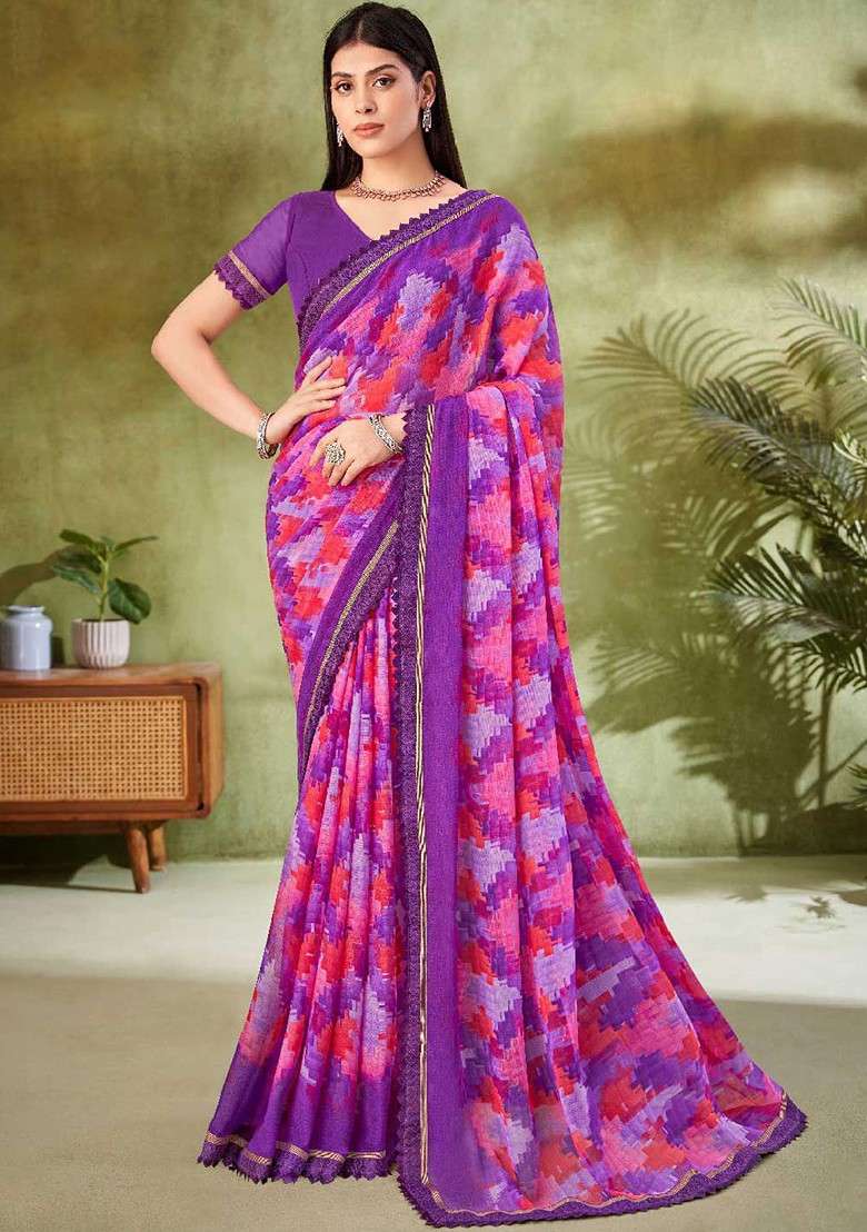 Purple Embroidered Blended Saree Set for Diwali and Festive Wear - Indya