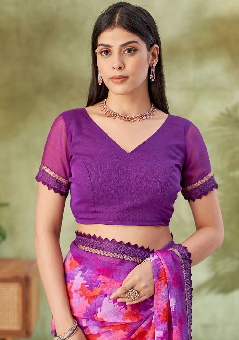 Purple Embroidered Blended Saree Set - Indya