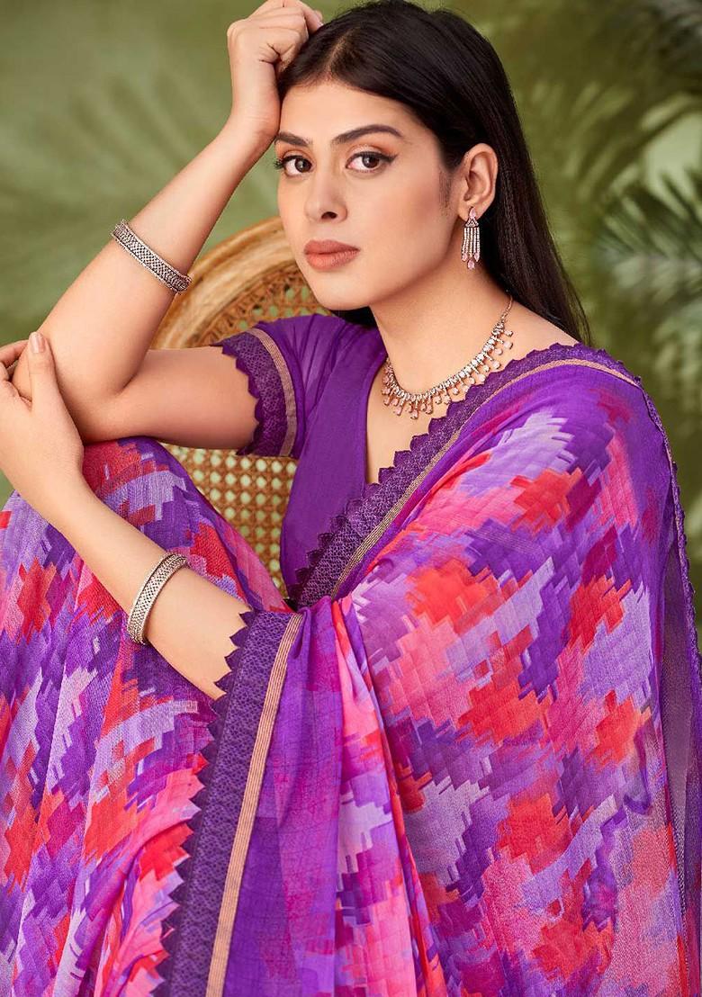 Purple Embroidered Blended Saree Set - Indya
