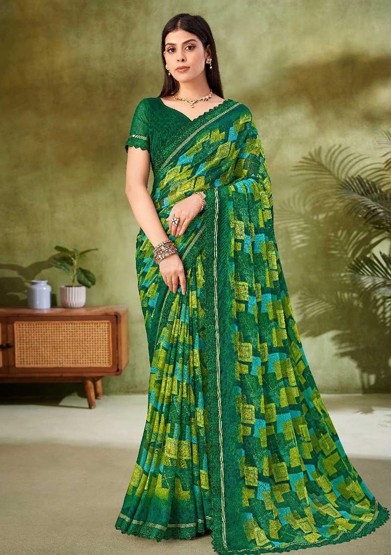 Green Embroidered Blended Saree Set - Indya