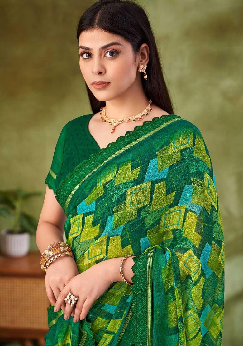 Green Embroidered Blended Saree Set - Indya