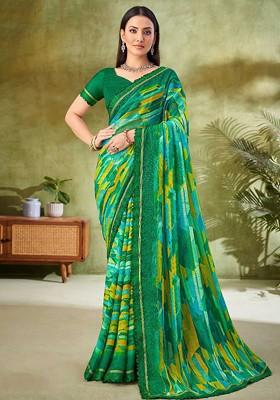 Green Embroidered Blended Saree Set