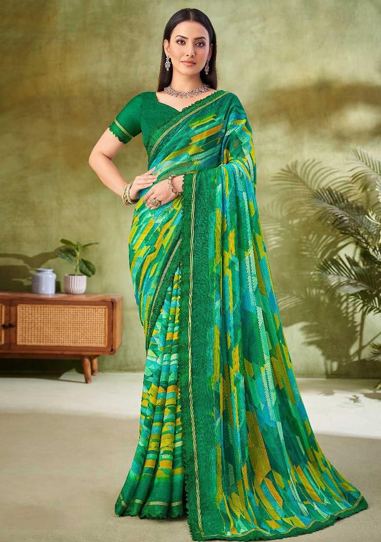Green Embroidered Blended Saree Set - Indya