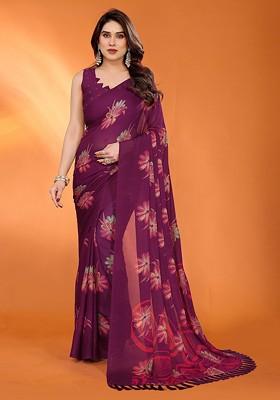 Purple Floral Print Blended Saree Set