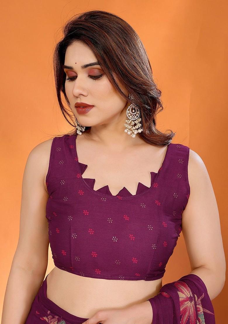 Purple Floral Print Blended Saree Set - Indya