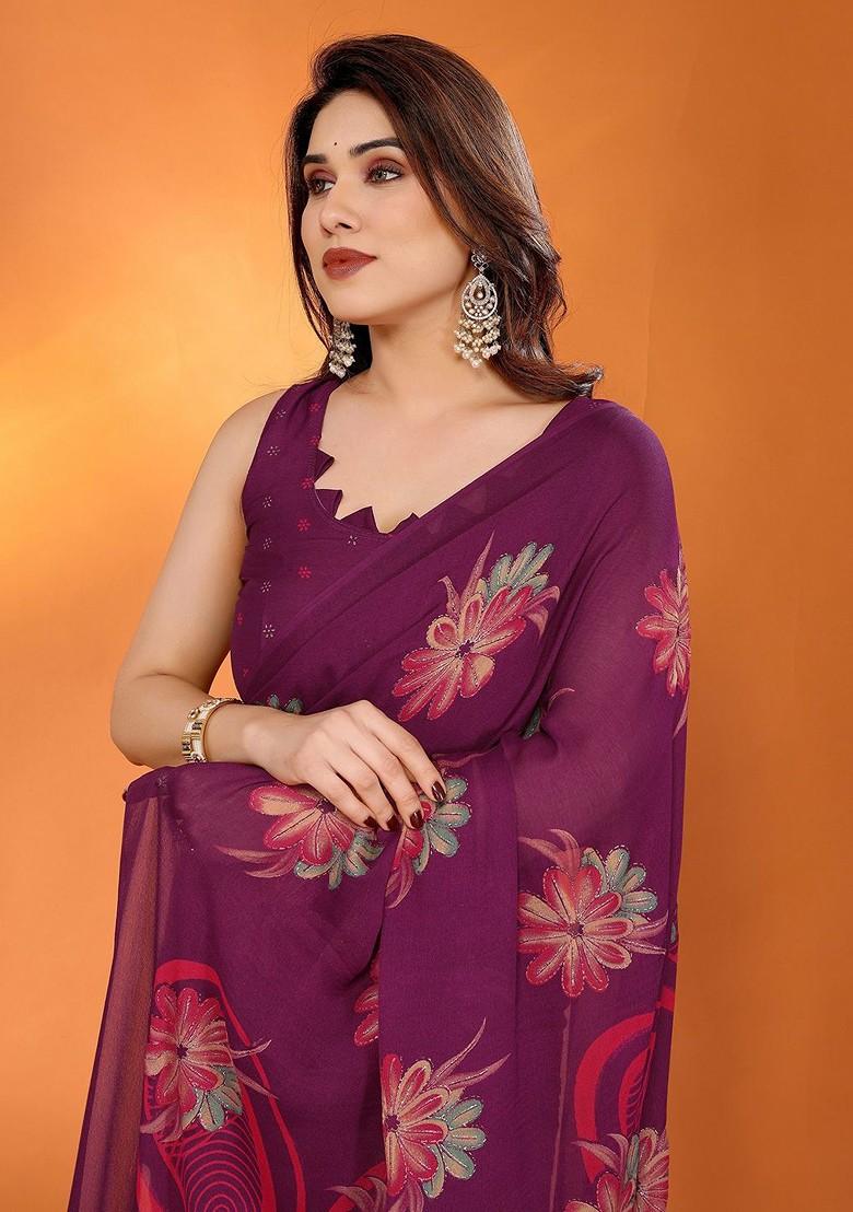 Purple Floral Print Blended Saree Set - Indya