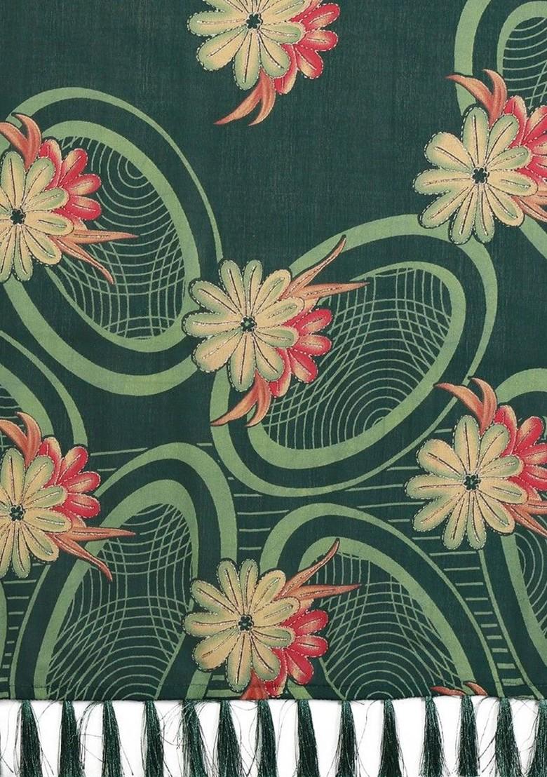Green Floral Print Blended Saree Set - Indya