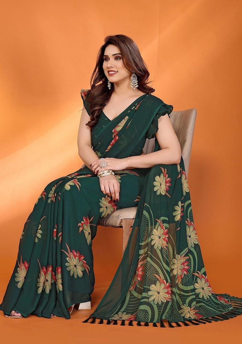 Green Floral Print Blended Saree Set - Indya