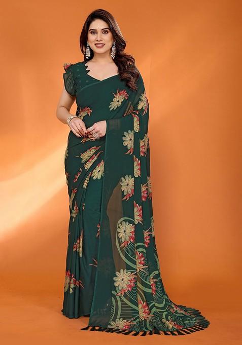 Green Floral Print Blended Saree Set — view on Indya