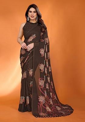 Brown Floral Print Blended Saree Set
