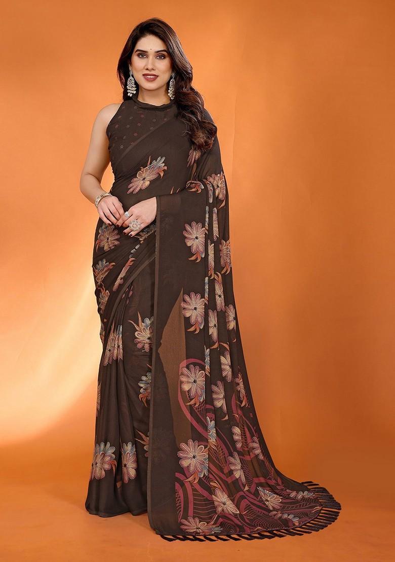 Brown Floral Print Blended Saree Set - Indya