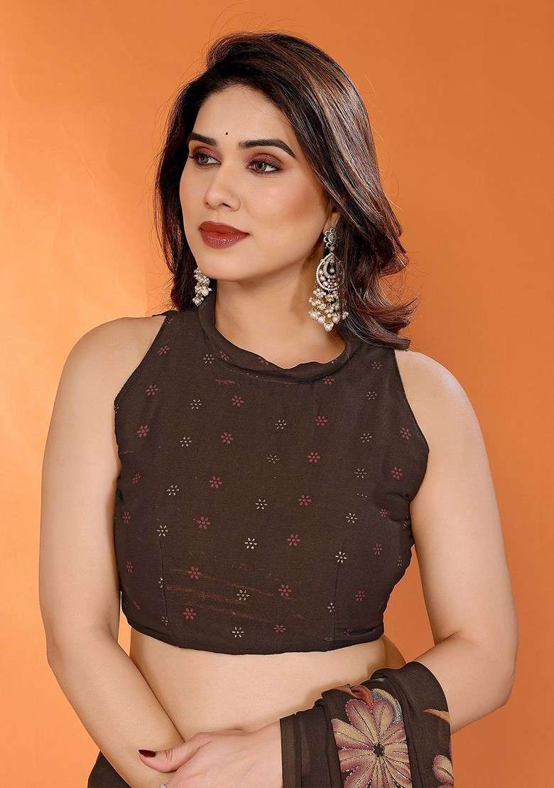 Brown Floral Print Blended Saree Set for Diwali and Festive Wear - Indya