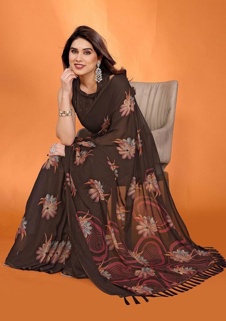 Brown Floral Print Blended Saree Set - Indya