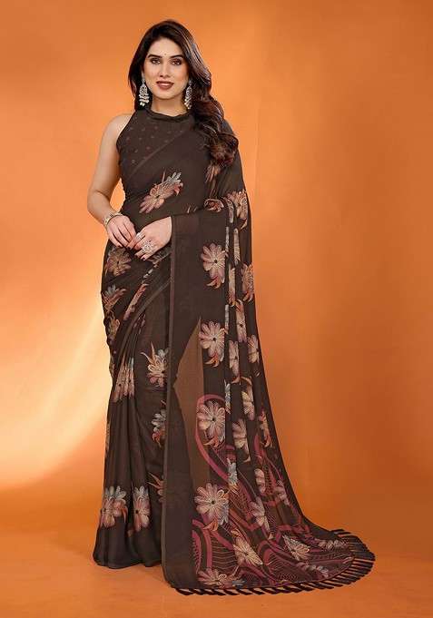 Brown Floral Print Blended Saree Set for Diwali and Festive Wear