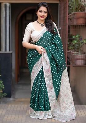 Green Embroidered Blended Saree Set