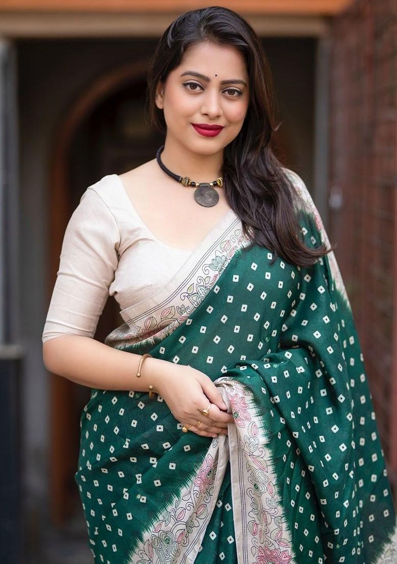 Green Embroidered Blended Saree Set - Indya