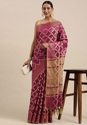 Purple Embroidered Blended Saree Set